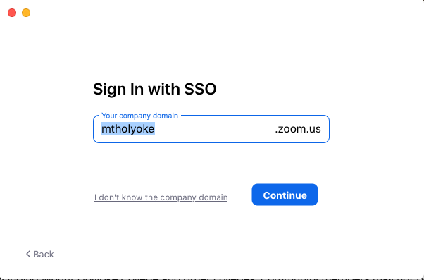 Zoom application SSO login screen with the domain filled in to read "mtholyoke.zoom.us".