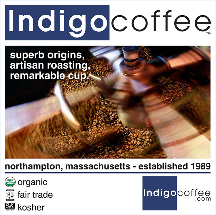 Library café photo: Indigo coffee, superb origins, artisan roasting, remarkable cup.  Northampton, Massachusetts -- established 1989, organic, fair trade, kosher, indigocoffee.com