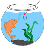 Fish bowl graphic depicting a goldfish swimming towards a fishing hook