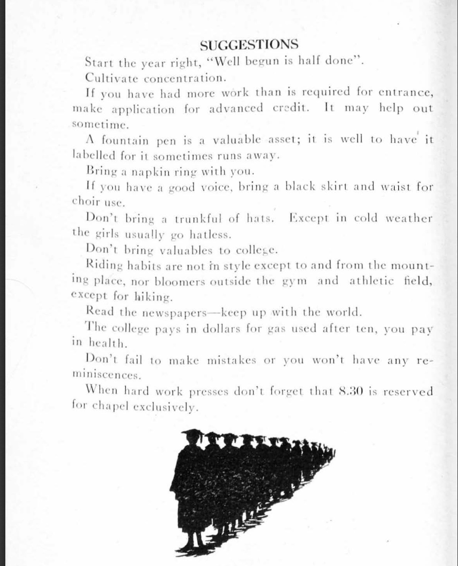 Image of scanned book page with text and printed silhouette of women in caps and gowns.