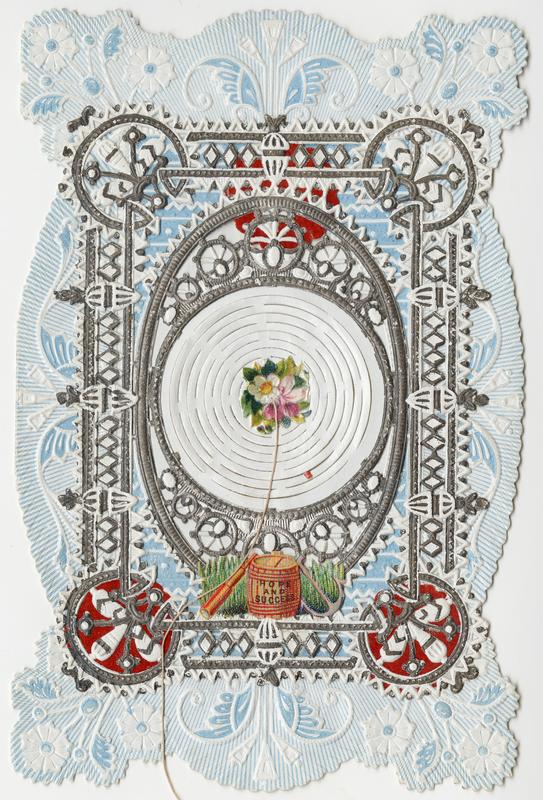 A 19th century Valentine's Day card with a lace background, a silver border, and flowers