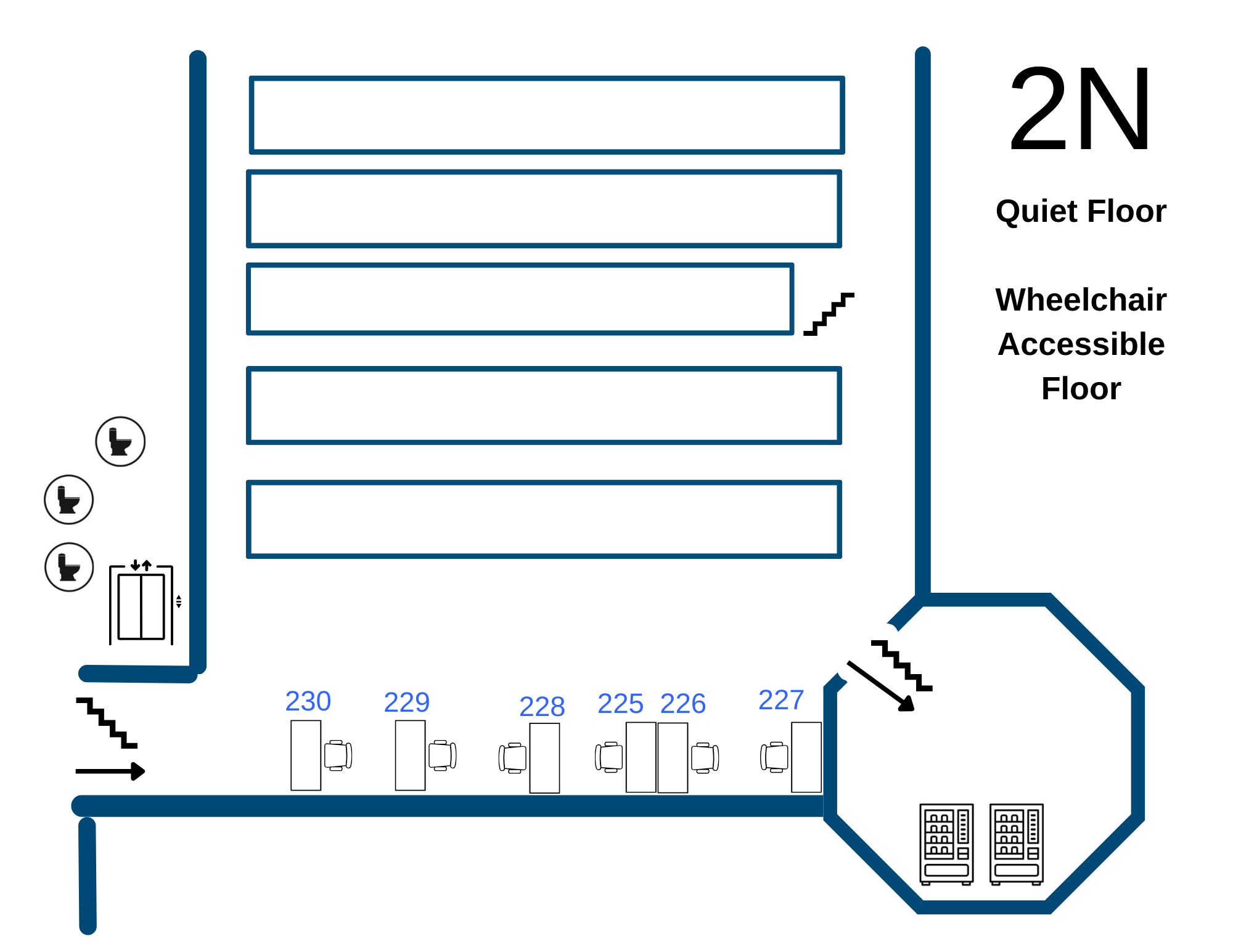 2 north stacks carrel floor plan (wheelchair accessible floor, quiet noise level)