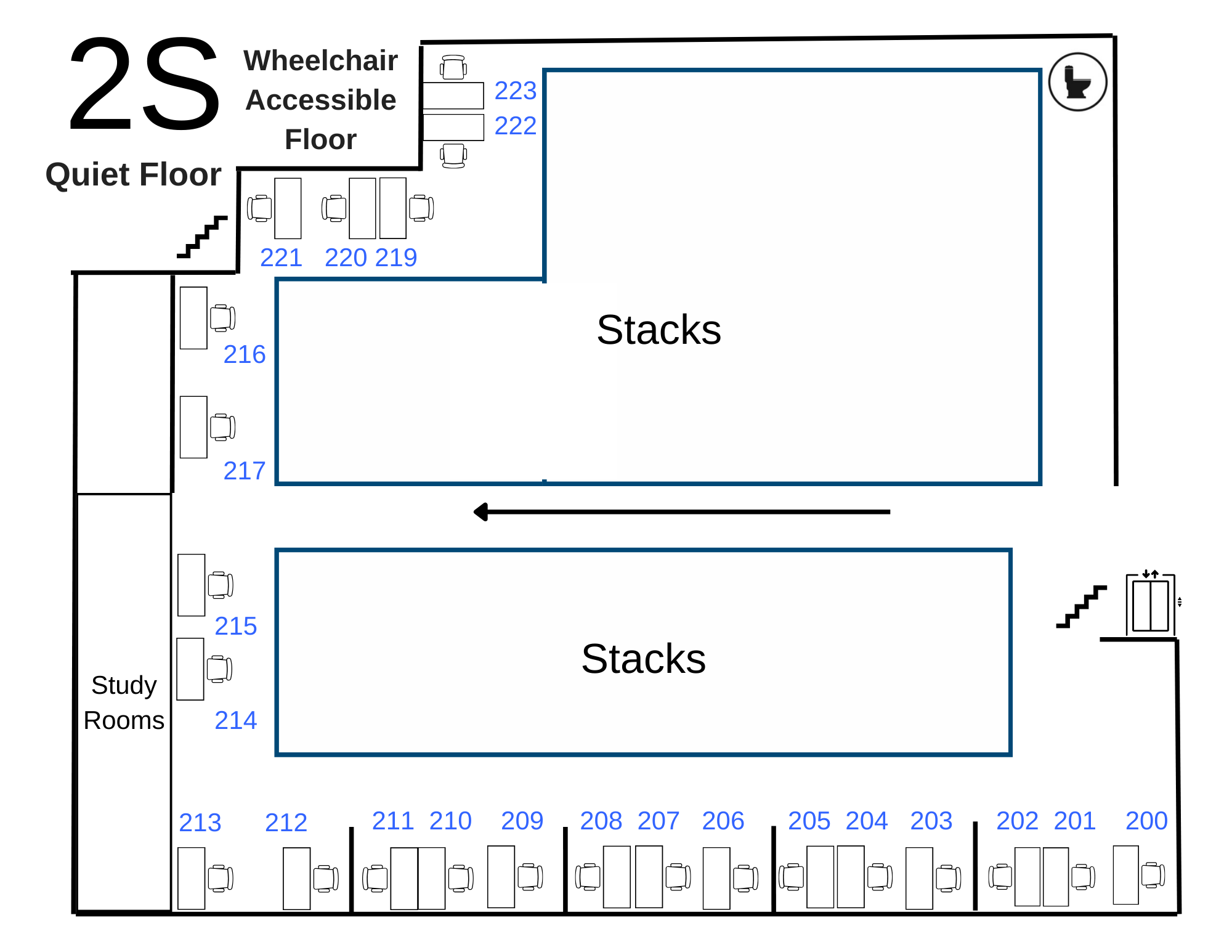 2 south stacks carrel floor plan (wheelchair accessible floor, quiet noise level)