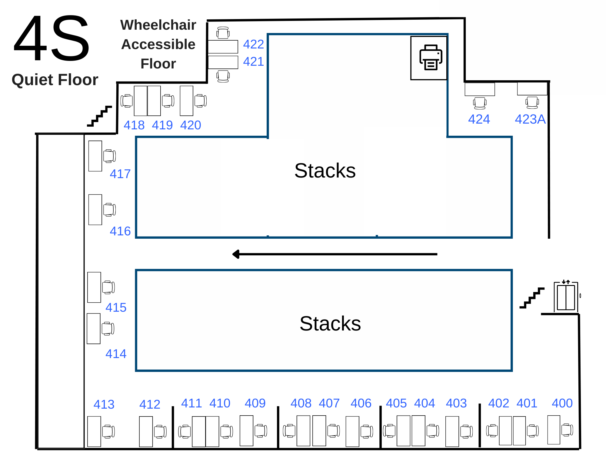 4 south stacks carrel floor plan (wheelchair accessible floor, quiet noise level)