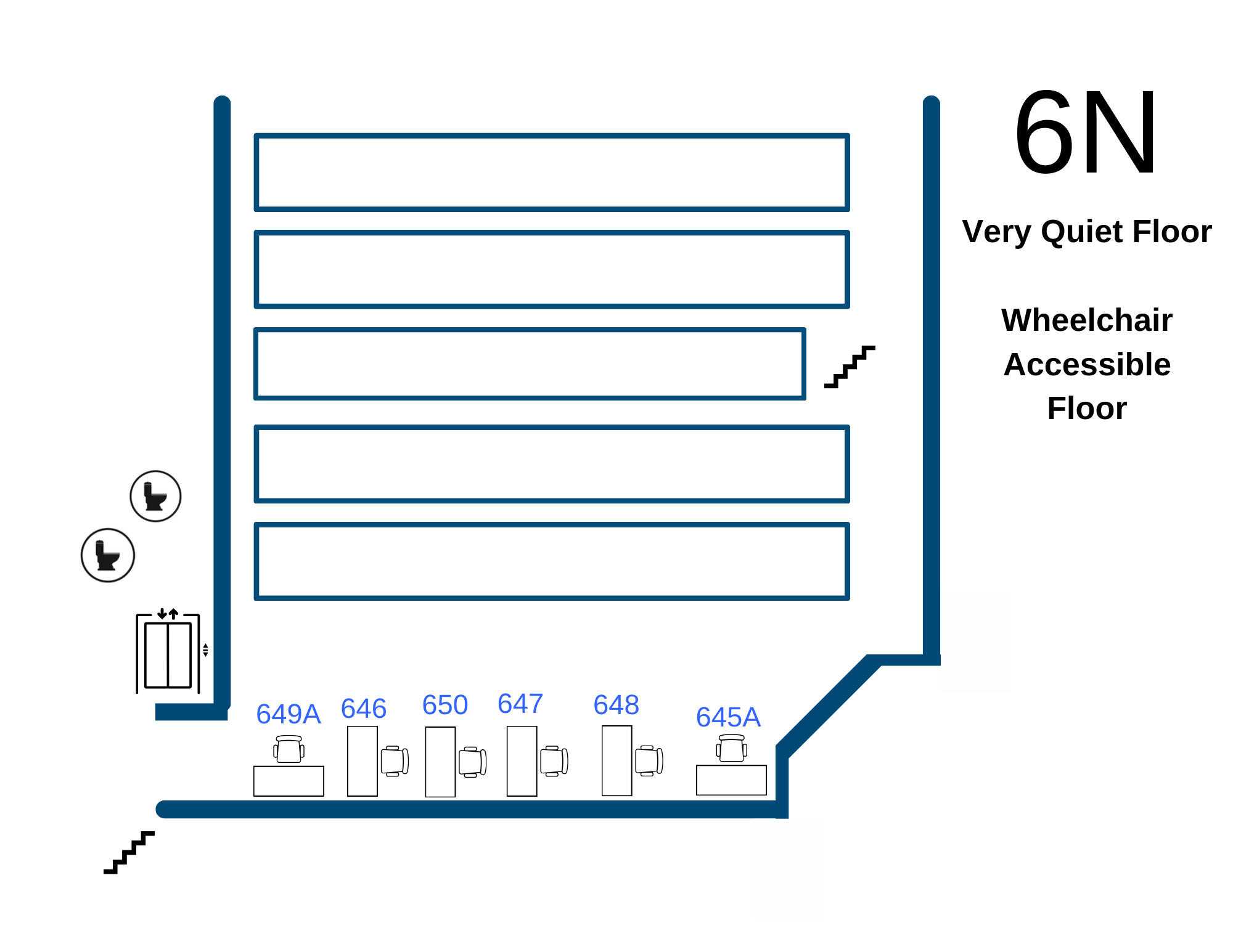 6 north stacks carrel floor plan (wheelchair accessible floor, very quiet noise level)