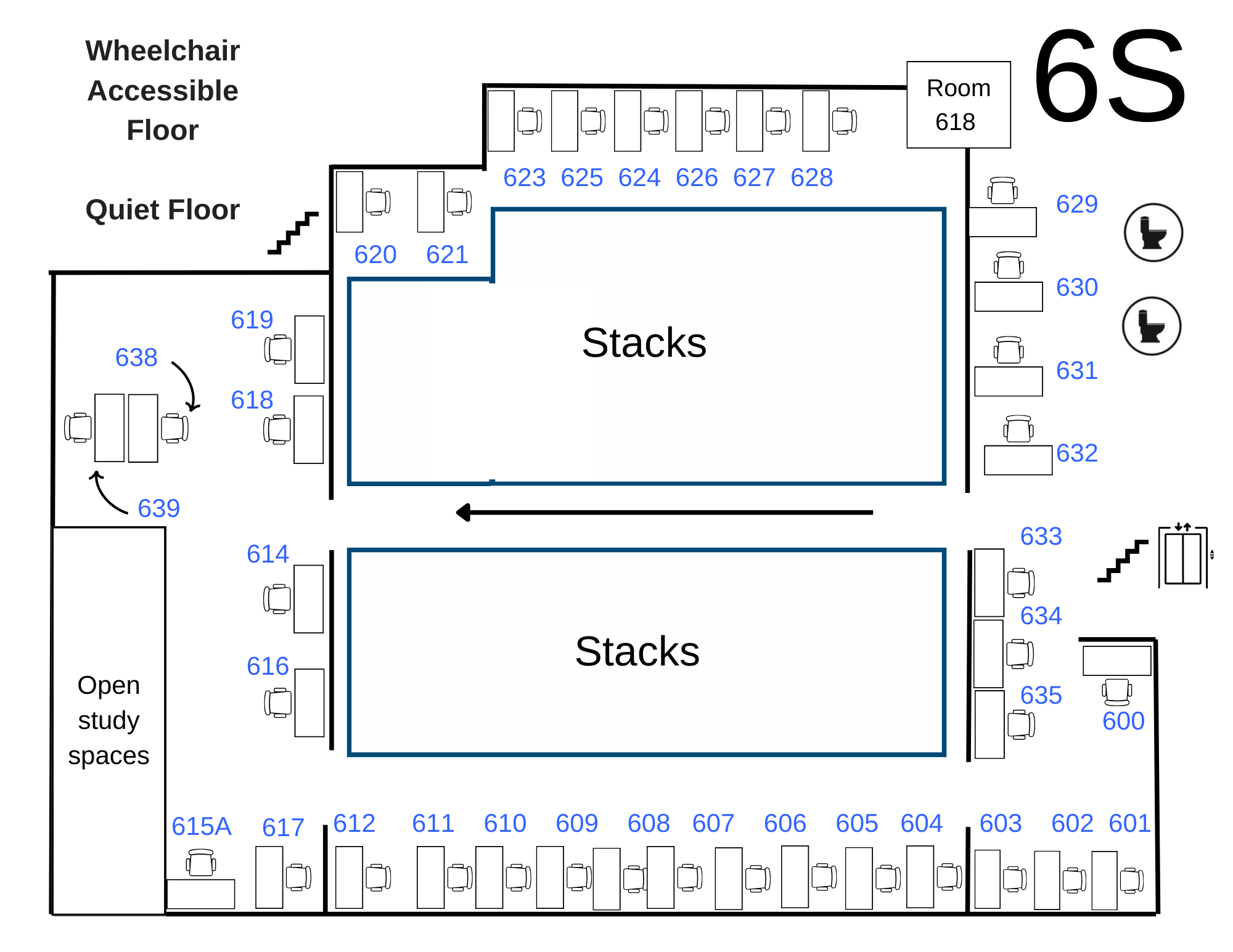 6 south stacks carrel floor plan (wheelchair accessible floor, quiet noise level)