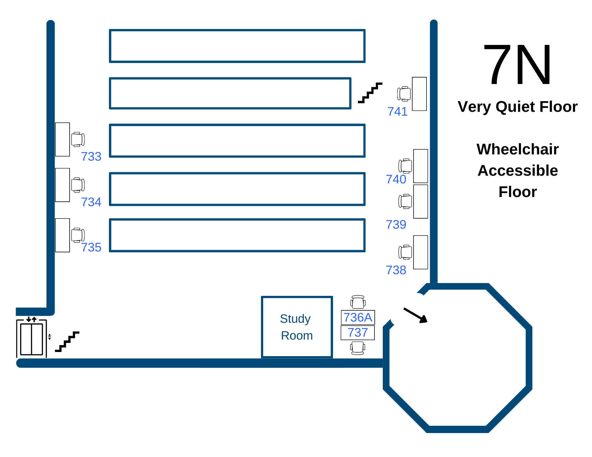 7 north stacks carrel floor plan (wheelchair accessible floor, very quiet noise level)