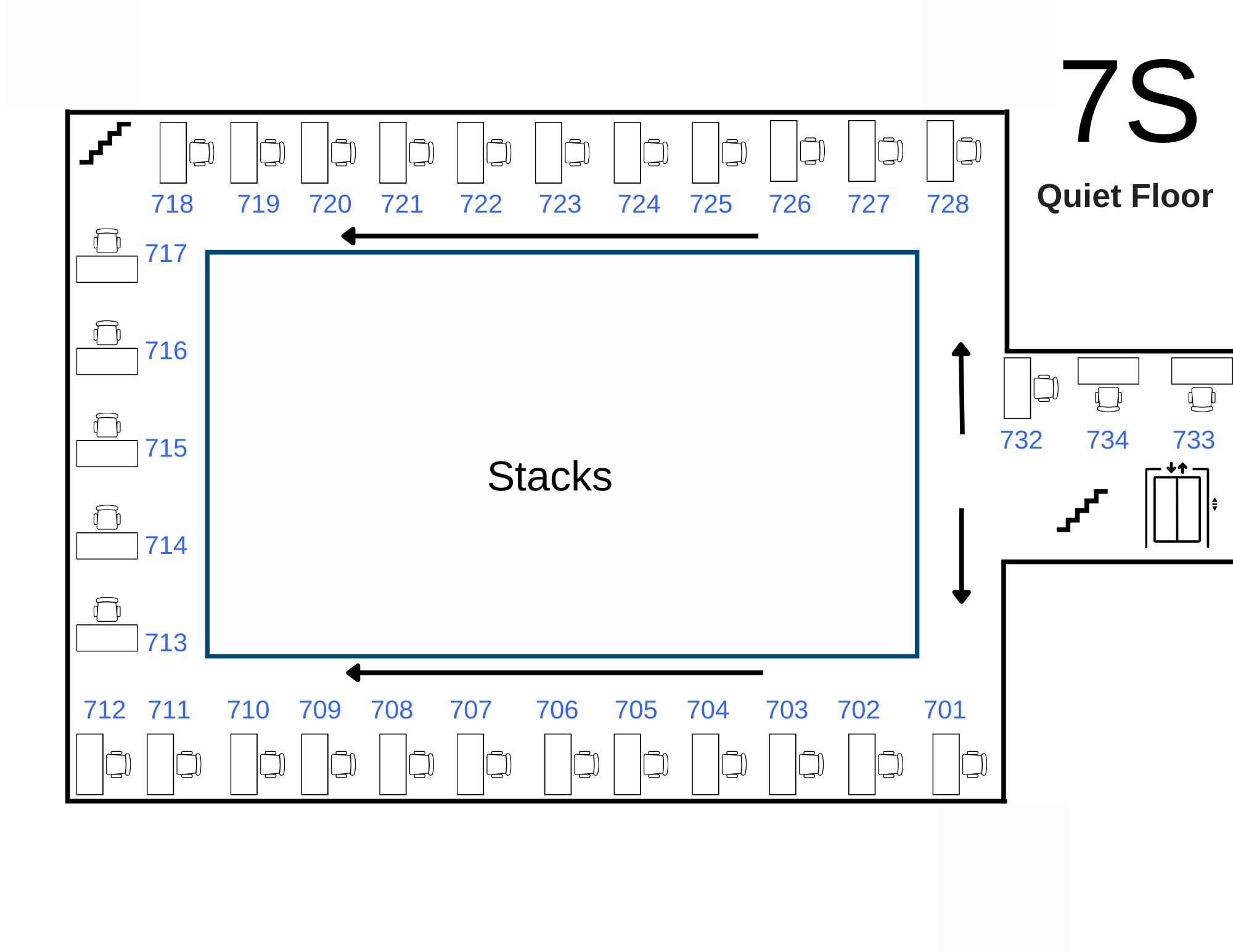 7 south stacks carrel floor plan (quiet noise level)
