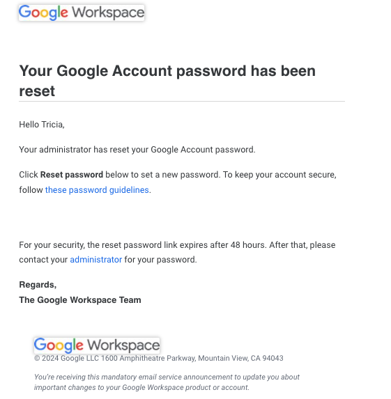 Screenshot of an email that appears to be a legitimate email from Google.