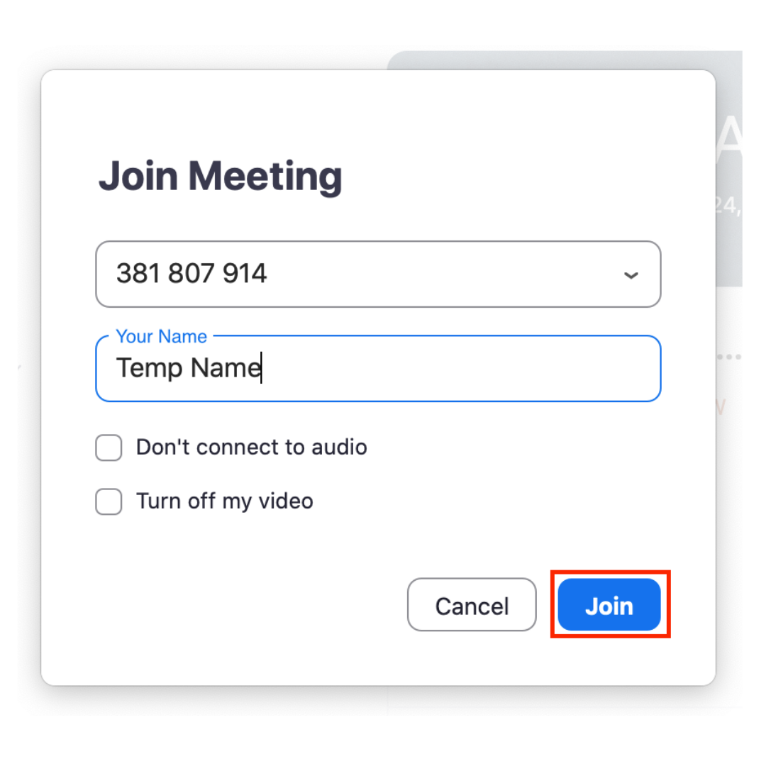 Screenshot showing how to join a Zoom meeting with a temporary name