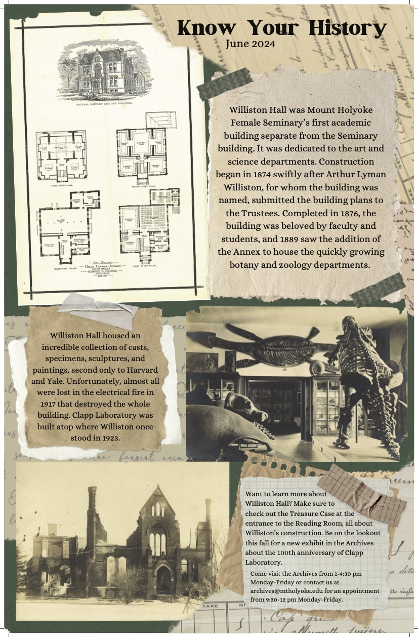 Floor plan and images of Willston Hall, Moutn Holyoke College, arranged in a scrapbook layout.