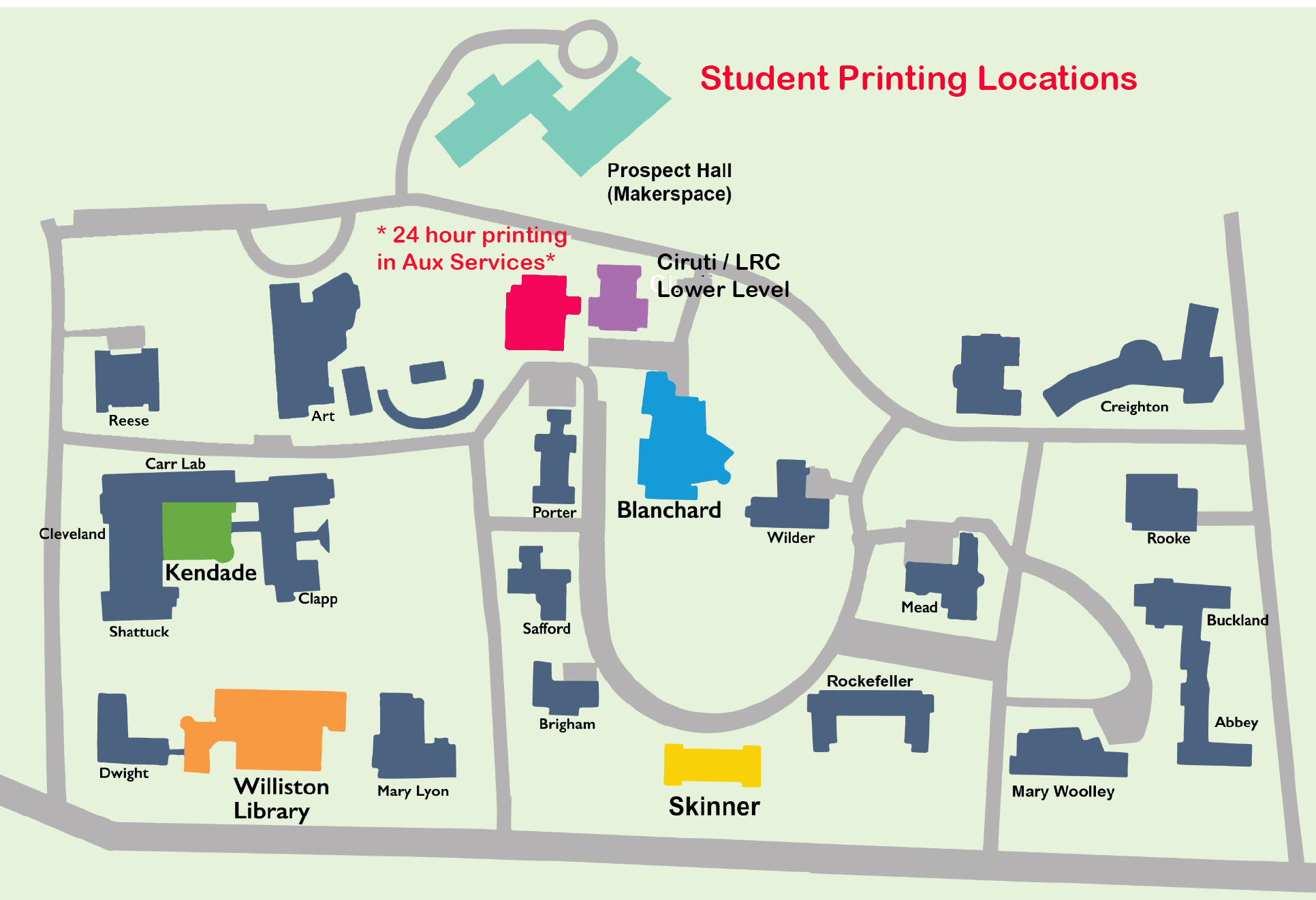 Campus Map of Public MFD locations, LITS, Skinner, Kendade Atrium, Blanchard, Ciruti Lower Level and Aux available 24 hours
