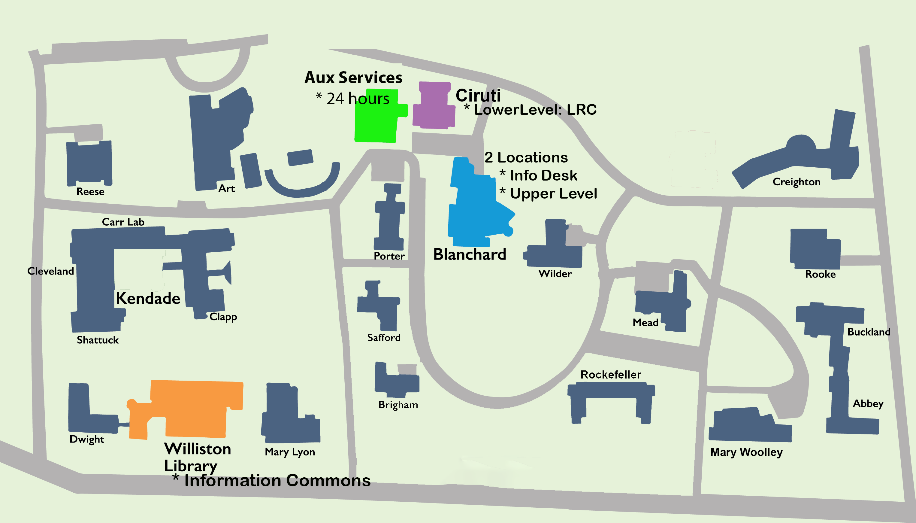 map of campus locations: Aux Services, Blanchard, Cirtuti LRC and the Information Commons