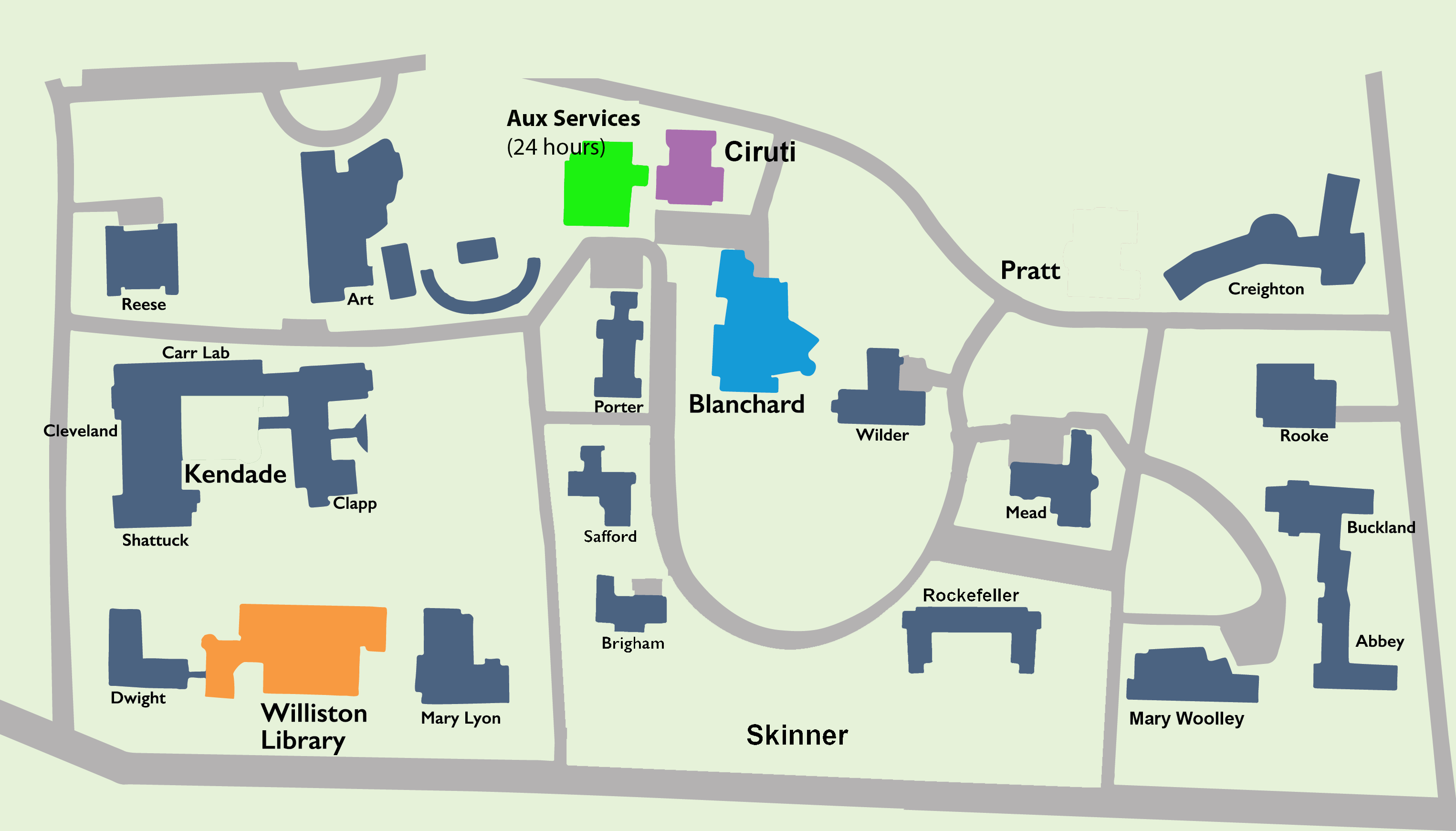 map of campus locaitons: Blanchard, Aux, Cirtuti LRC and the Information Commons