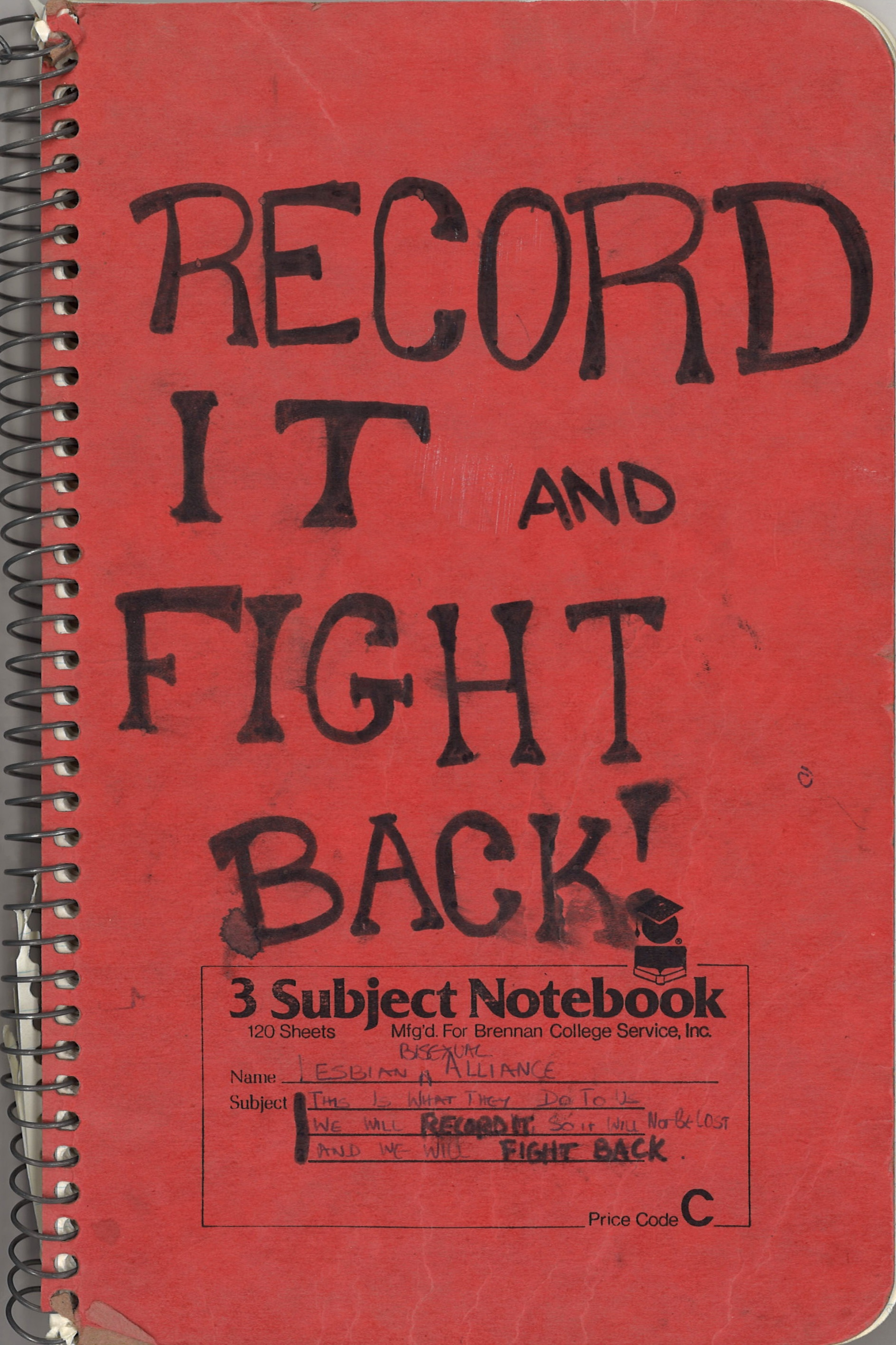 Red notebook cover that says "Record it and Fight Back"