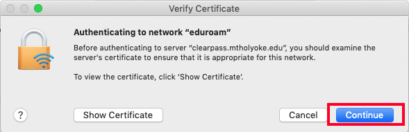 Screenshot of a popup window encouraging users to examine the server's certificate. Continue button is highlighted.
