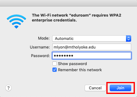 Screenshot of the login window to connect to eduroam on a Mac, with the join button highlighted.