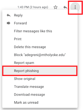 Screenshot showing the three dots labeled More drop down menu and the report phishing option in Gmail. 