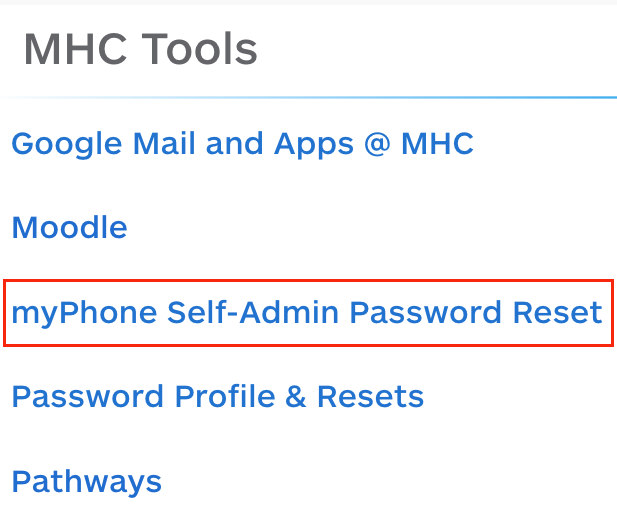Screenshot displaying where the myPhone Self-Admin Password Reset link is under MHC Tools in my.mtholyoke