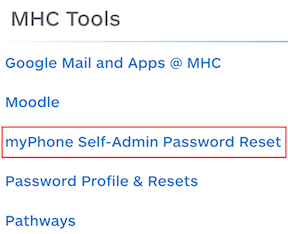 Screenshot highlighting the myPhone Self-Admin Password Reset link within mymtholyoke, located under the heading MHC Tools.