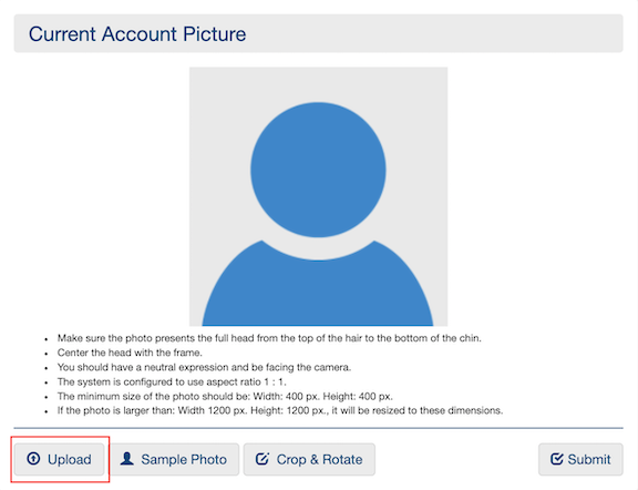 Screenshot of the Current Account Picture page on the OneCard website including a sample image and photo requirements. The upload button (located in the bottom left corner) is highlighted in red. 