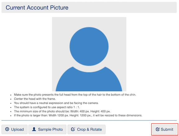 Screenshot of the photo upload tool within the OneCard website. The Submit button (in the bottom right corner) is highlighted in red. 