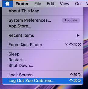 Menu under the Mac apple logo with the log out option highlighted