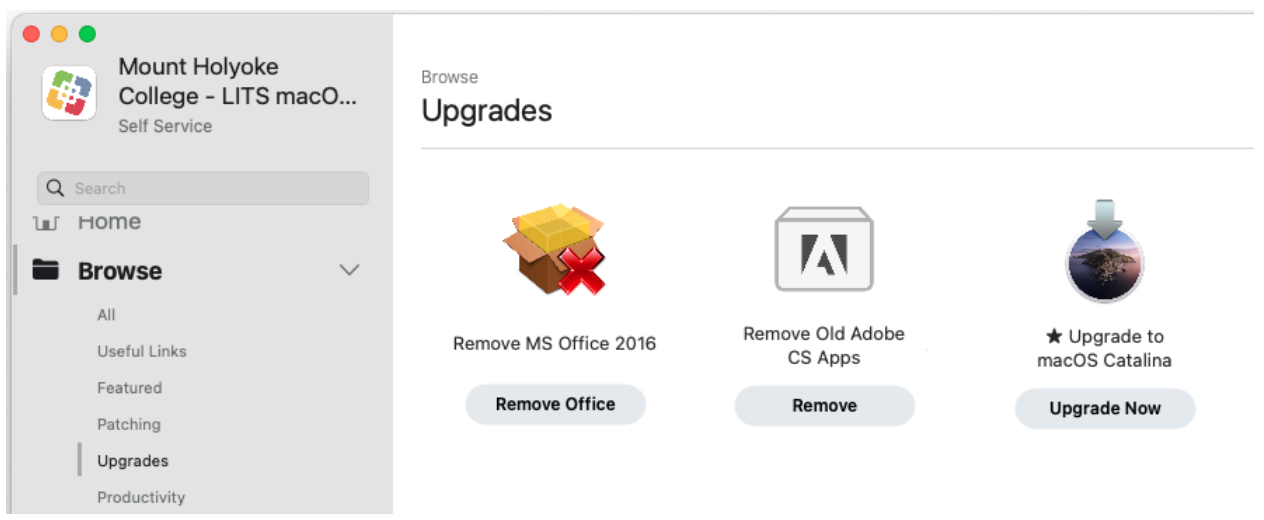 Screenshot of the self service application showing the option to upgrade to macOS Catalina