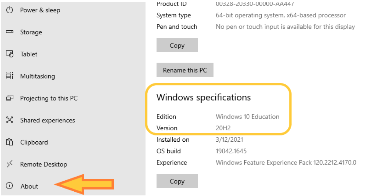 Go to settings, then about, then see the Windows specifications section