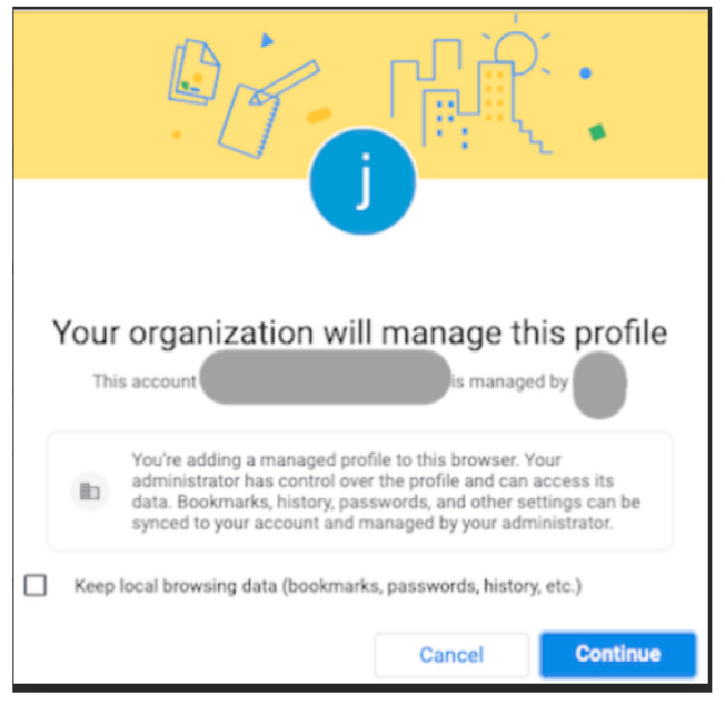 Dialog box notifying Google Chrome users about new profile requirements
