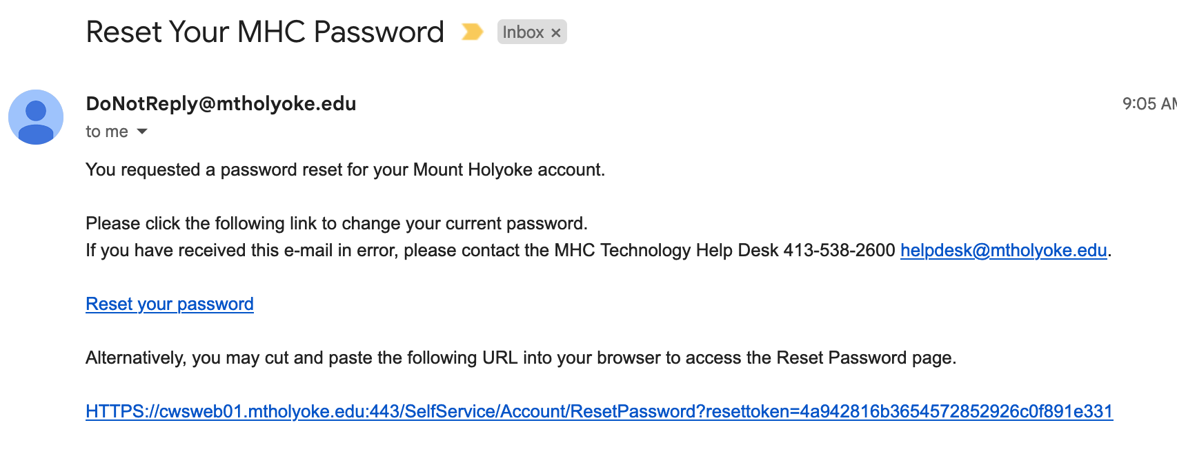Reset your MHC password email