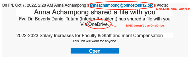 File shared with you phishing message with the non-MHC email and other suspicious features highlighted.