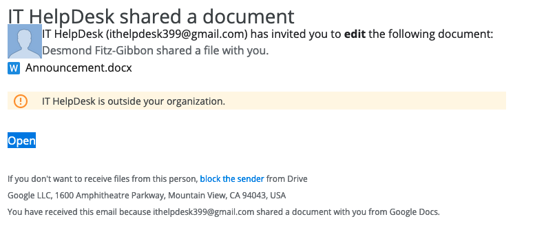 screenshot of phishing email with file share "announcement.docx"