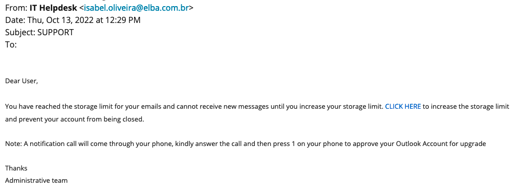 screenshot of phishing email "support"