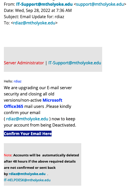 screenshot of phishing email "Email Update for: [username]"