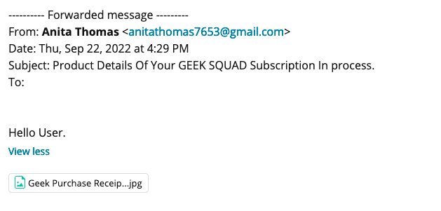 screenshot of phishing message with subject line: Product Details Of Your GEEK SQUAD Subscription In process