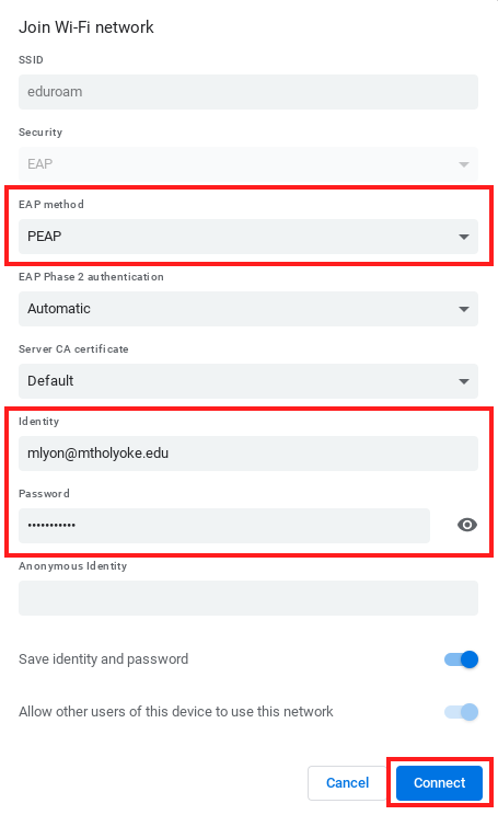 Screenshot of a window prompting users to enter their credentials in order to connect to eduroam. The relevant fields are highlighted.