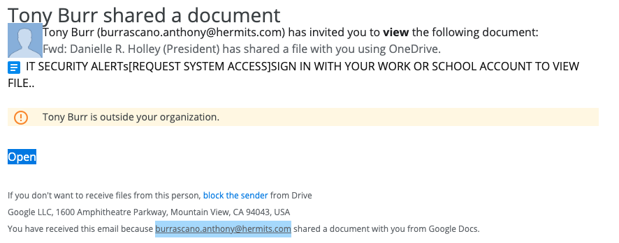 screenshot of fileshare phishing email