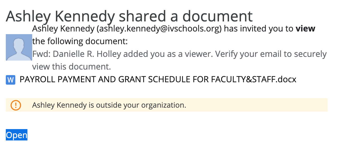 screenshot of fileshare phishing email