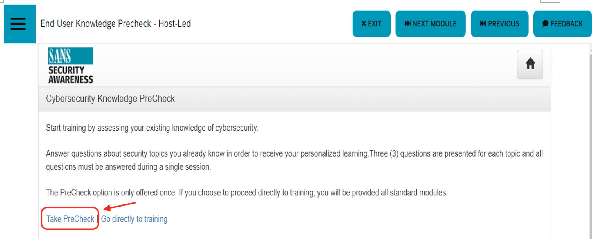 precheck quiz option in SANS cybersecurity training