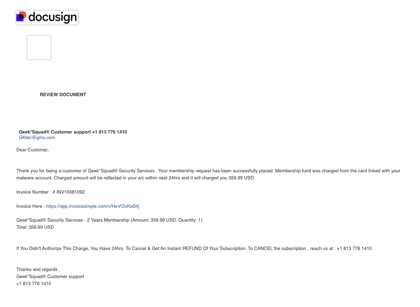 Screenshot that shows a DocuSign email about an invoice from Geek Squad. This is not real.