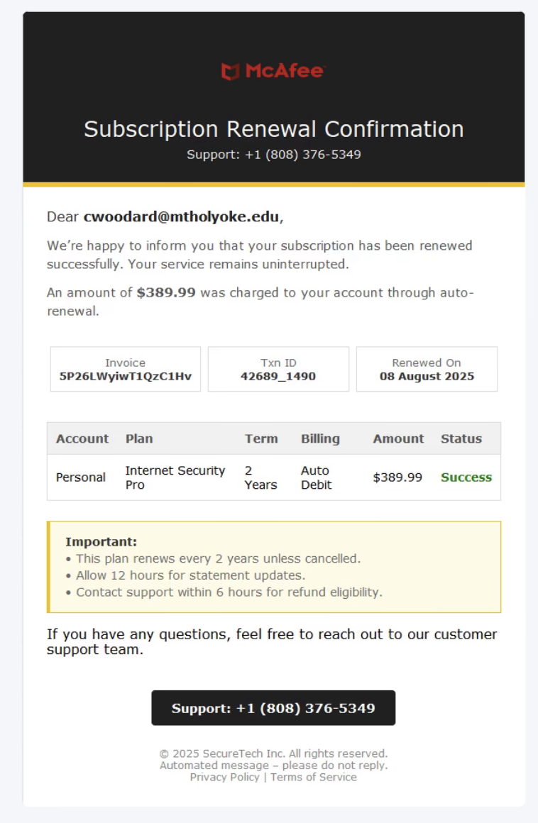 Screenshot of a fake McAfee invoice in a phishing message