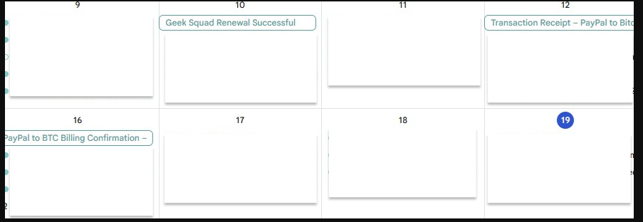 Screenshot of a Google Calendar in monthly format with the subjects of the phishing scams outlined in blue. 