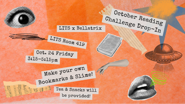 Collaged words on an orange shaded background describe the October Reading Challenge drop in on 10/24 at 3:15 in Library room 419