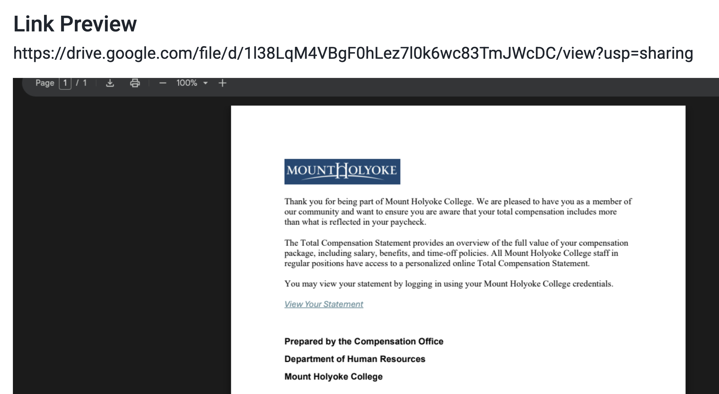 screenshot of the pdf with the phishing message.