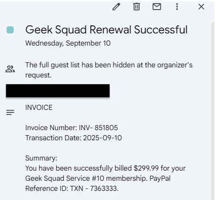 A screenshot of a Google Calendar invite with the title "Geek Squad Renewal Successful". 