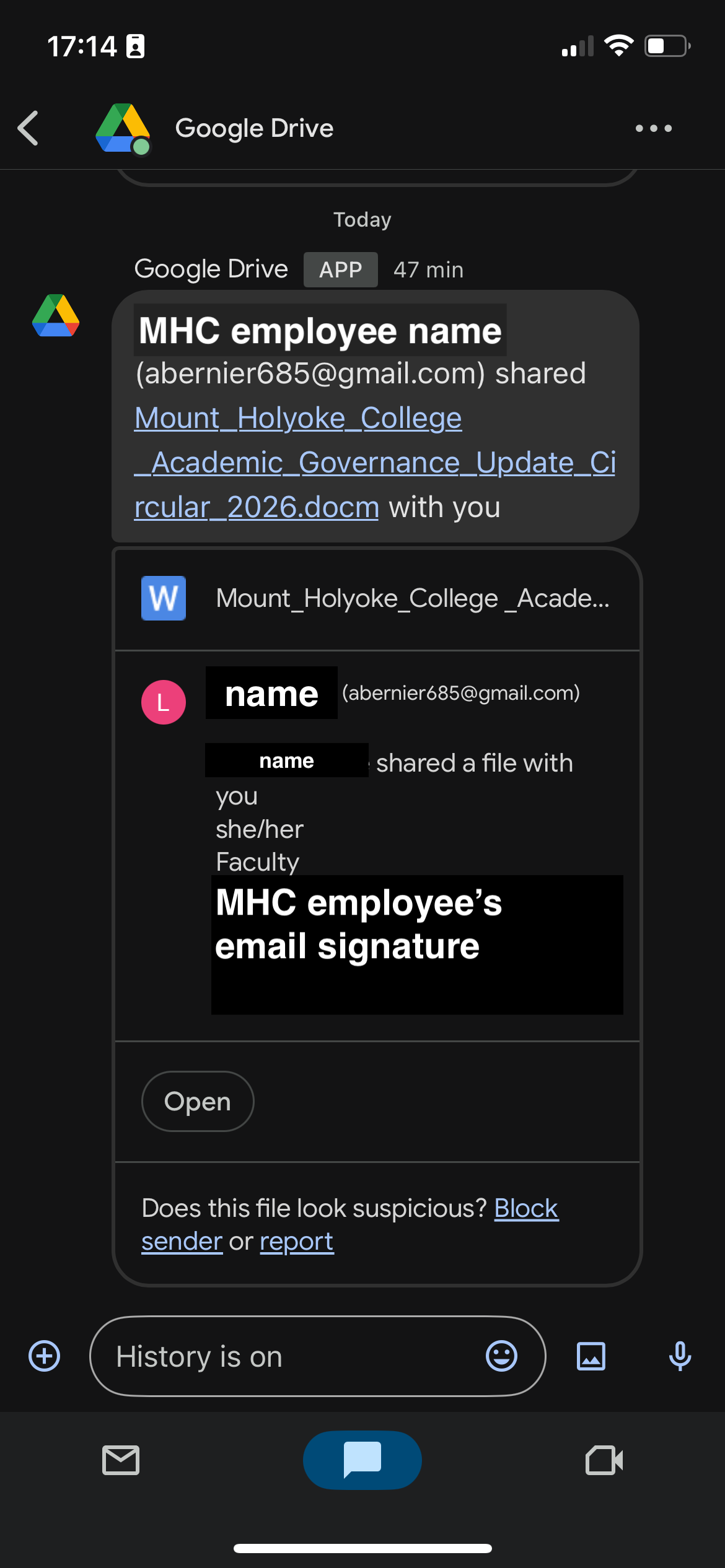 Screenshot of google drive app gchat scam file share