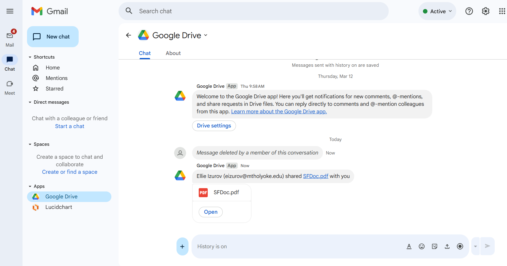 screenshot of google drive app in google chat window