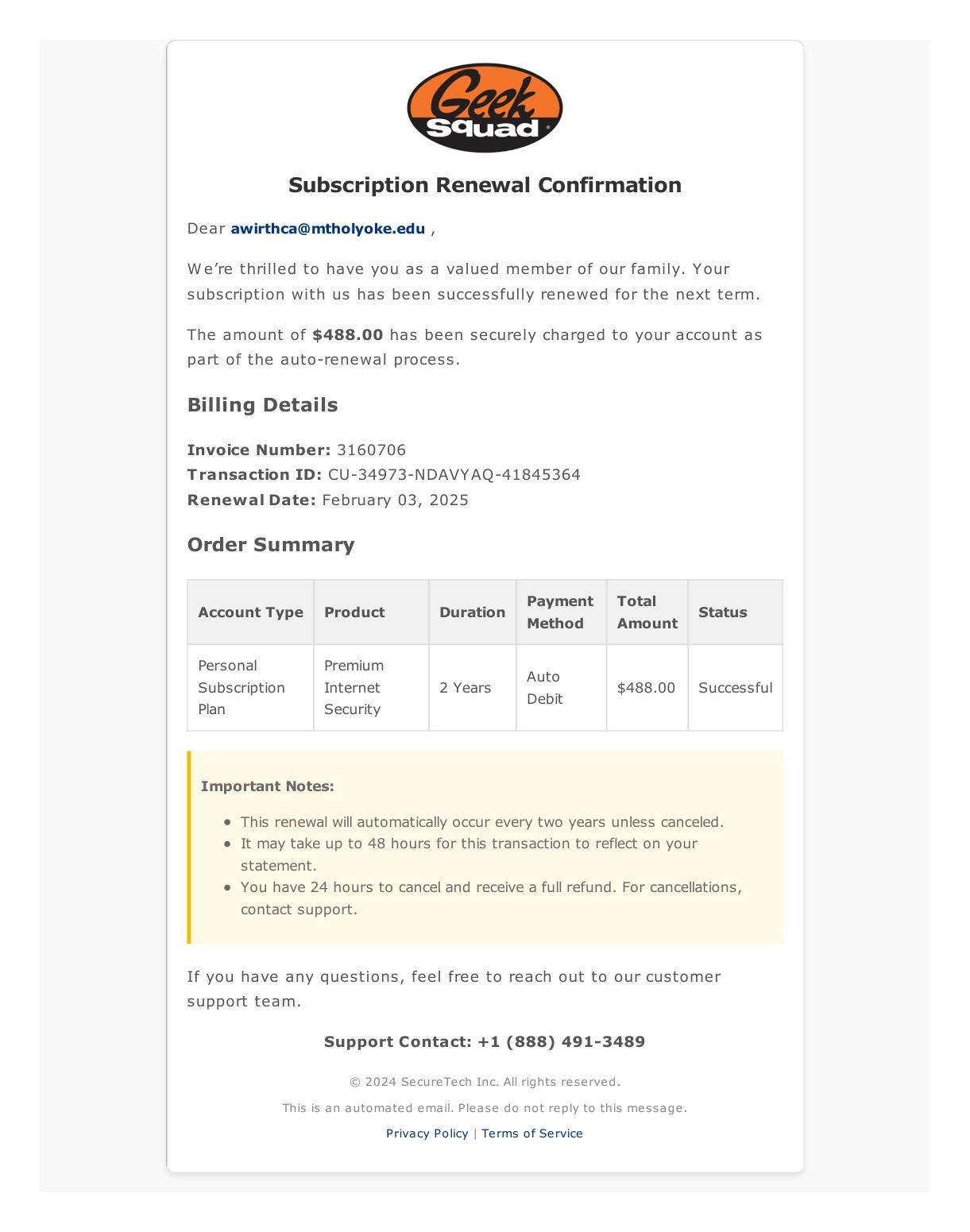 screenshot of a fake geek squad renewal notice