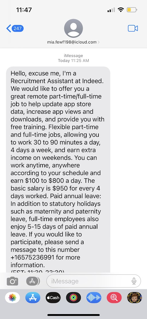 Example of a scam job advertisement text message. The message is from an @icloud.com account. A transcription of the message is in the image caption as it is too long for the alt text field. 